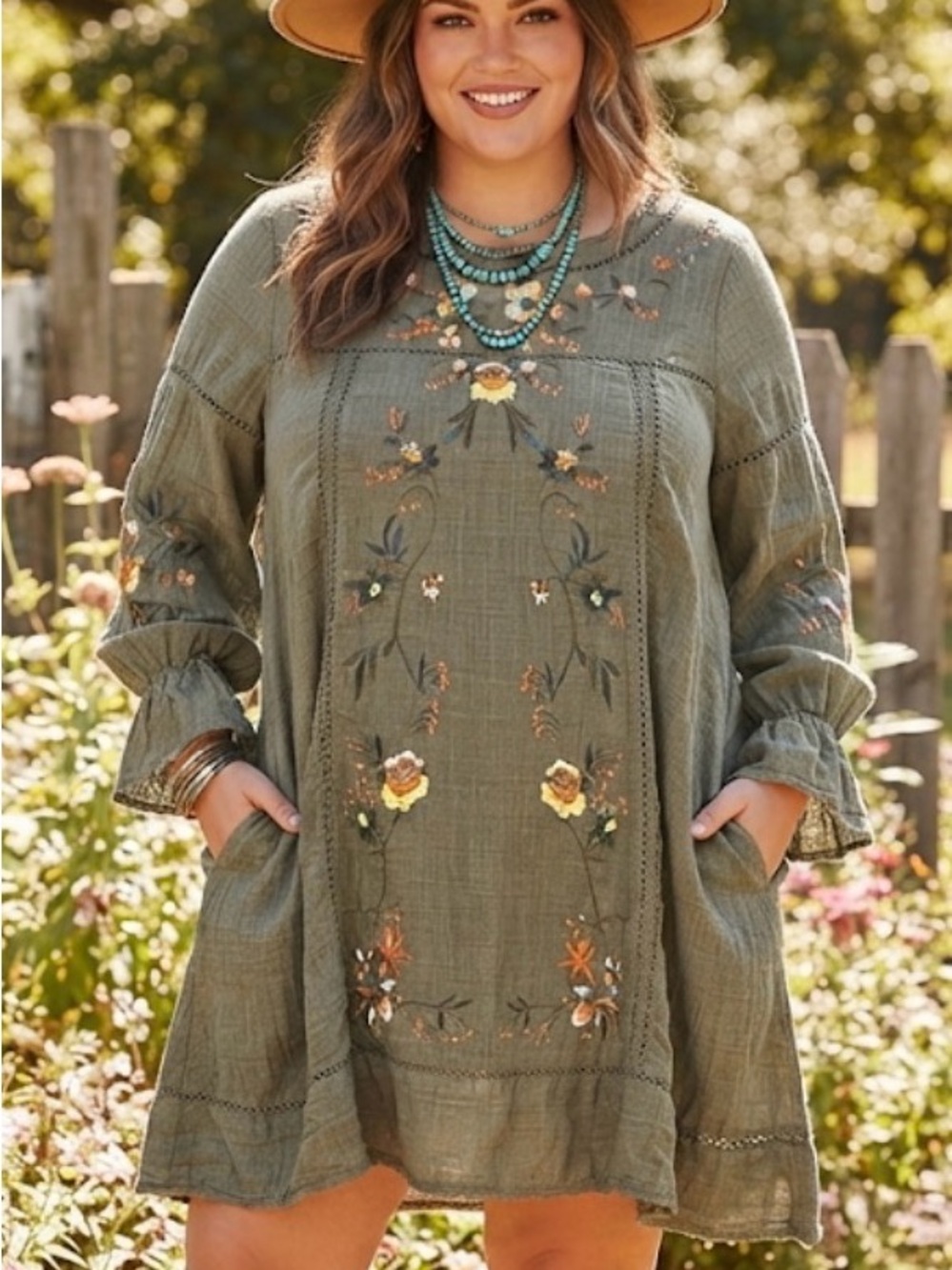 Umgee Olive Green Embroidered Boho Dress XL Cottagecore Aesthetic Fall Floral